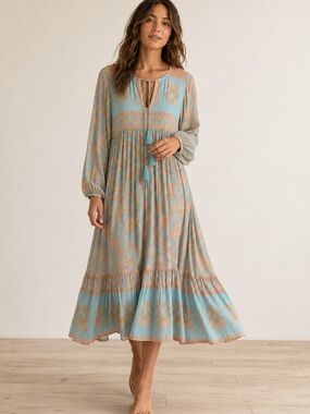 Spell Juniper Midi Dress Eggshell Blue Floral Boho Prairie Cottagecore Size S